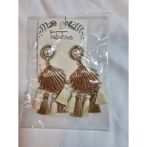 Fabulous Gold Seashell Tassel Earrings Pearl‎ Crystal Coastal Mermaid New
